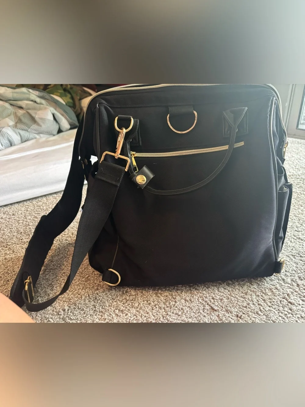Black Quilted Baby Bag Tote with Gold Accents